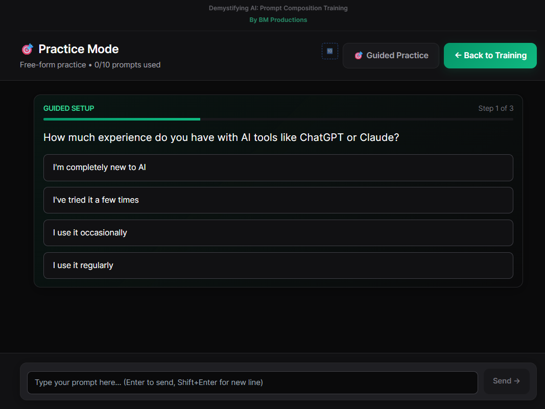Practice mode - Guided setup screen